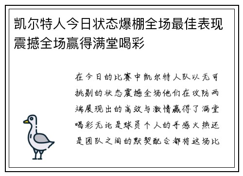 凯尔特人今日状态爆棚全场最佳表现震撼全场赢得满堂喝彩