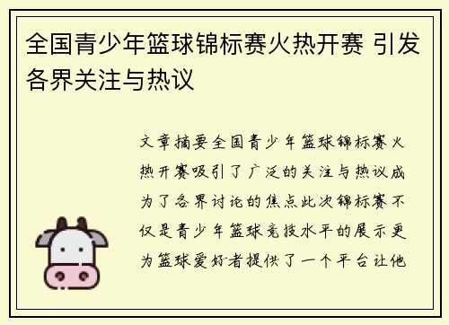 全国青少年篮球锦标赛火热开赛 引发各界关注与热议